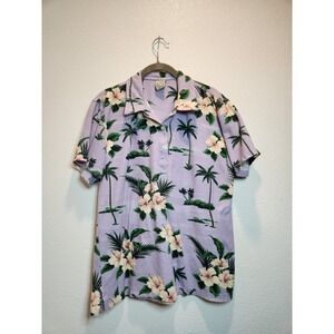 Vintage Crazy Shirts Hawaiian Polo Shirt XL Purple Hibiscus Palm Tree USA